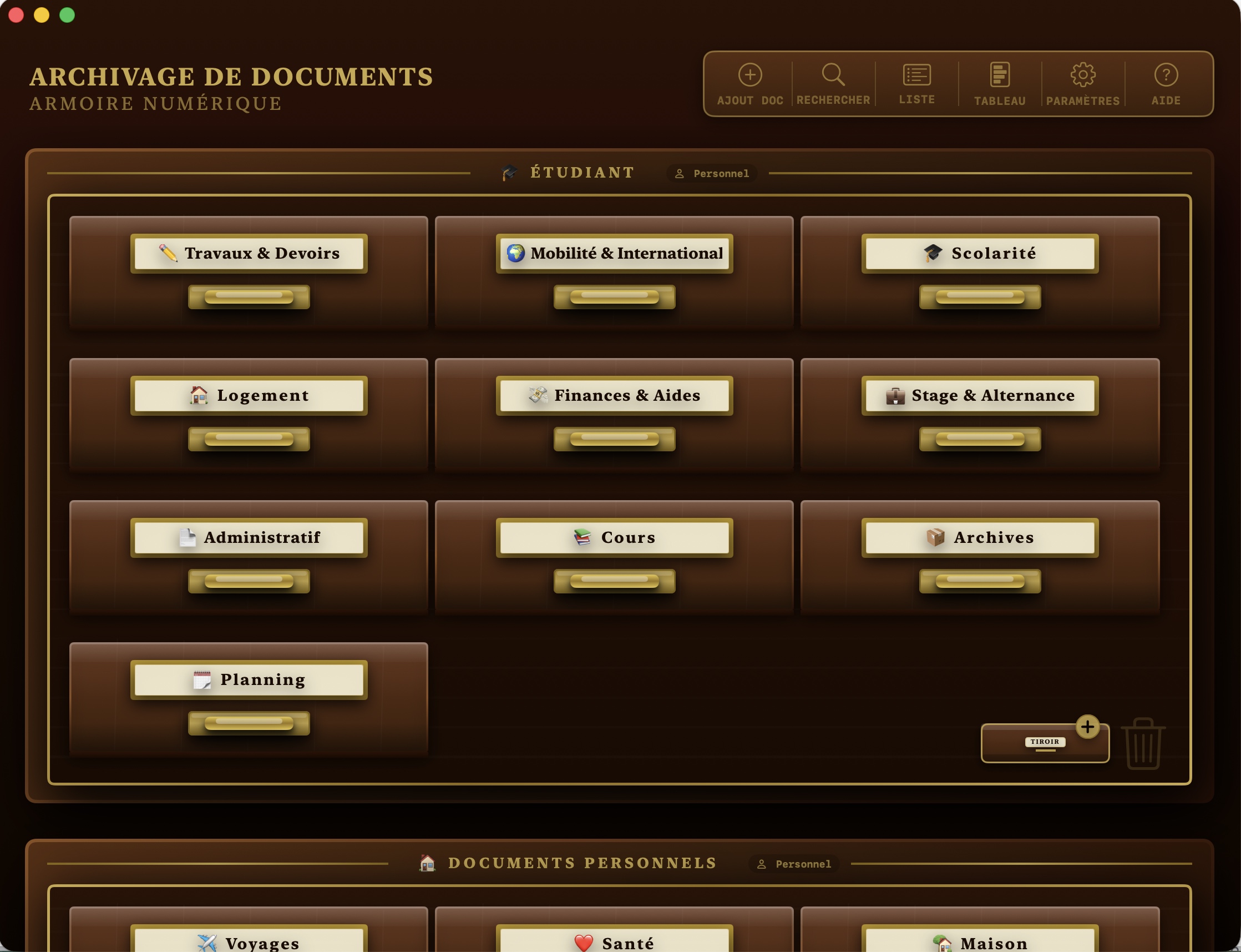 Exemple d’armoire SmartFiler pour étudiant avec tiroirs scolarité, cours, logement et finances
