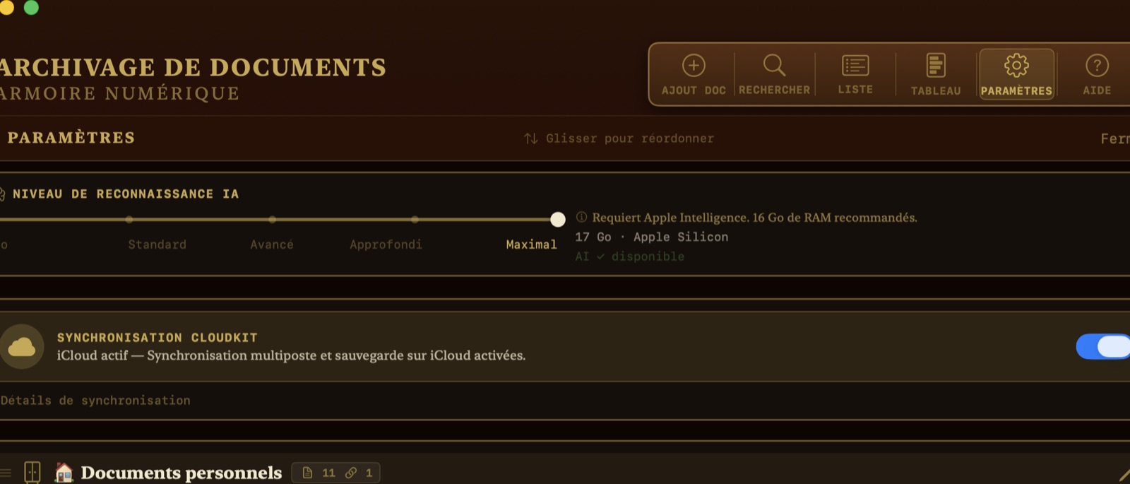 Réglages SmartFiler pour l'analyse IA locale et la synchronisation iCloud